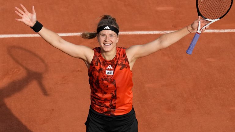 Karolina Muchova of the Czech Republic celebrates winning her semifinal match of the French Open tennis tournament against Aryna Sabalenka of Belarus in three sets, 7-6 (7-5), 6-7 (5-7), 7-5, at the Roland Garros stadium in Paris, Thursday, June 8, 2023. (AP Photo/Christophe Ena)
