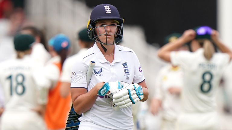 England's Kate Cross looks frustrated after being bowled by Australia's Tahlia McGrath during day three of the first Women's Ashes test match at Trent Bridge, Nottingham. Picture date: Saturday June 24, 2023.