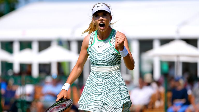 Katie Boulter reacts during her match against Sonay Kartal on day four of the 2023 Lexus Surbiton Trophy at Surbiton Racket and Fitness Club, London. Picture date: Thursday June 8, 2023.