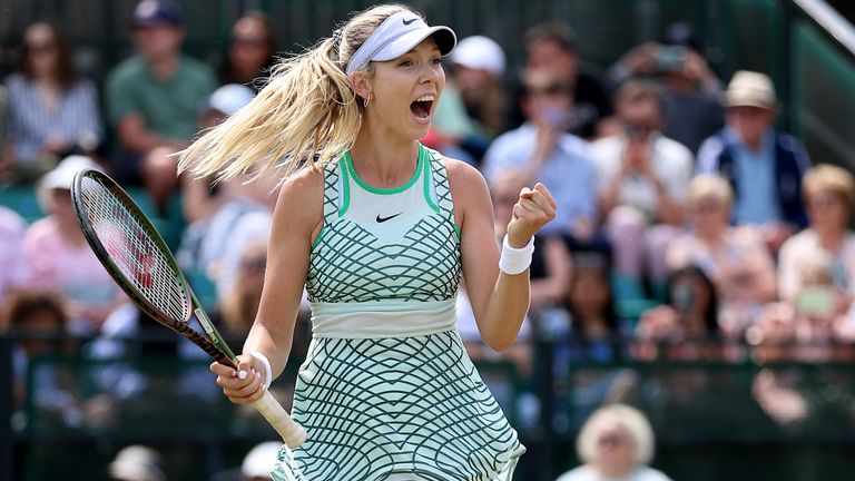 Great Britain's Katie Boulter celebrates after winning her match against Great Britain's Heather Watson during day six of the Rothesay Open 2023 at the Nottingham Tennis Centre. Picture date: Saturday June 17, 2023.