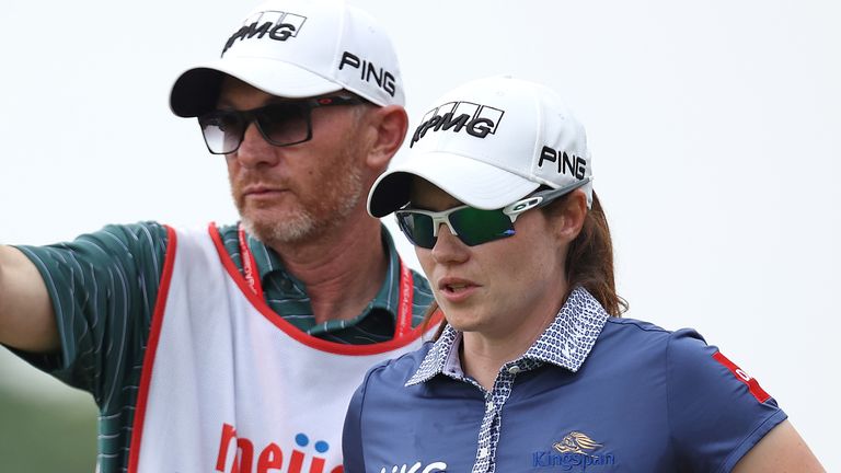Leona Maguire of Ireland interacts with her caddy on the second tee during the second round of the Meijer LPGA Classic for Simply Give golf tournament at Blythefield Country Club in Belmont, MI, USA  Friday, June 16, 2023. (Photo by Jorge Lemus/NurPhoto) 