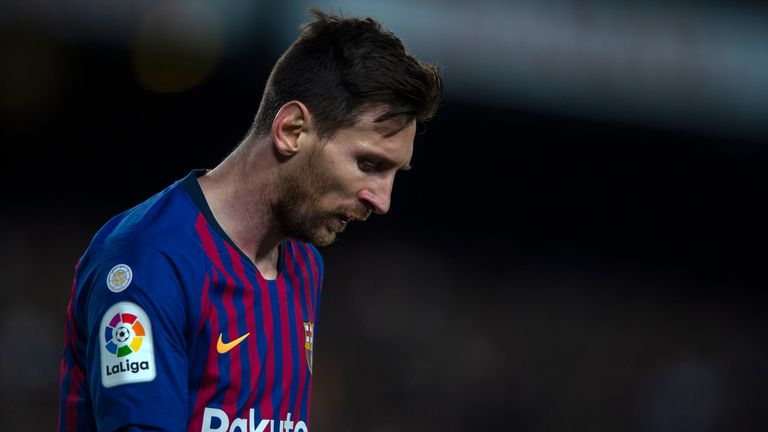 The reaction of Lionel Messi of Club Barcelona during the 31st round match of La Liga season 2018-2019 between Club Barcelona and Club Atletico de Madrid at Camp Nou Stadium in Barcelona, ​​Spain , April 6, 2019. (Imaginechina via AP Images)