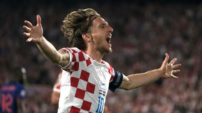 Croatia's Luka Modric celebrates after scoring his side's fourth goal against Netherlands during the Nations League semifinal soccer match between the Netherlands and Croatia at De Kuip stadium in Rotterdam, Netherlands, Wednesday, June 14, 2023. (AP Photo/Patrick Post)