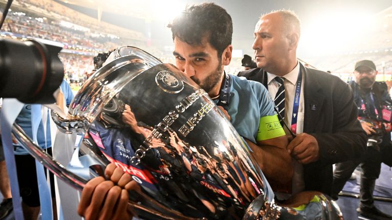 Ilkay Gundogan kisses the Champions League trophy