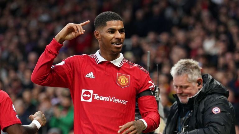 Manchester United's Marcus Rashford celebrates scoring the second goal of the game during the Premier League match at Old Trafford, Manchester. Picture date: Saturday February 4, 2023. 