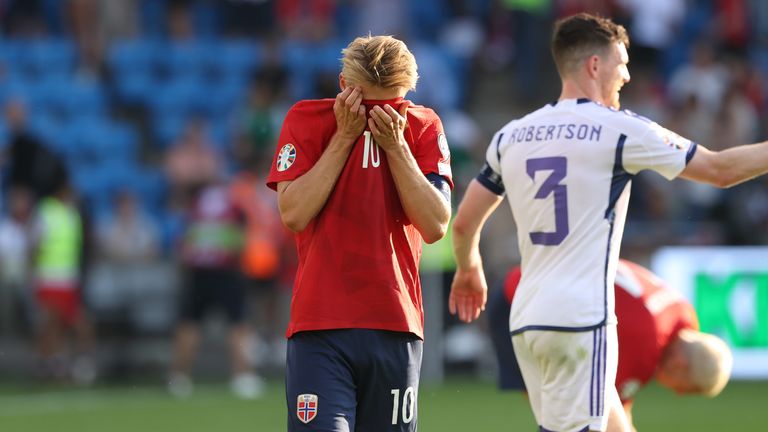Norway&#39;s Martin Odegaard looks dejected at full time