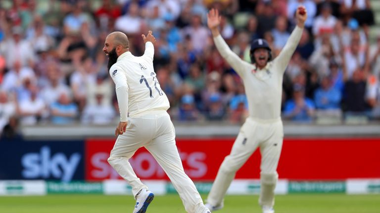 England&#39;s Moeen Ali celebrates taking the wicket of Australia&#39;s Cameron Bancroft during day three of the Ashes Test match at Edgbaston, Birmingham.