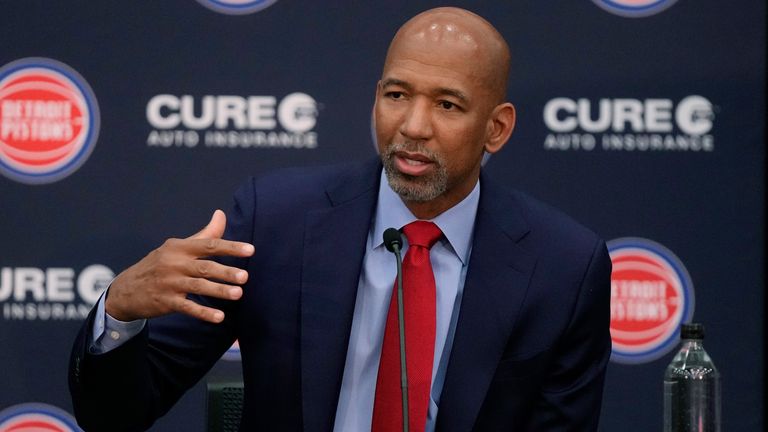 Monty Williams speaks to the media during a news conference as he&#39;s introduced as the Detroit Pistons&#39; new head coach