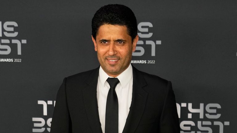 PSG chairman Nasser Al-Khelaifi arrives on the green carpet before the ceremony of the Best FIFA Football Awards in Paris, France, Monday, Feb. 27, 2023. (AP Photo/Michel Euler)