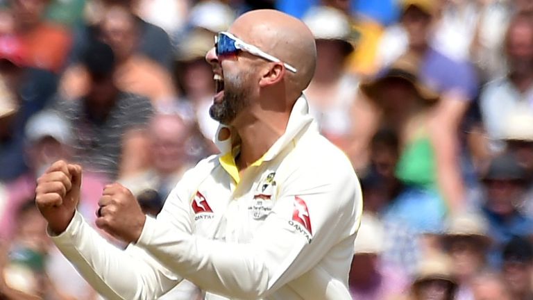 Australia's Nathan Lyon reacts after dismissing England's Harry Brook during day four of the first Ashes Test cricket match, at Edgbaston, Birmingham, England, Monday, June 19 2023. (AP Photo/Rui Vieira)