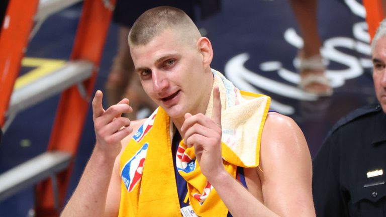 Nikola Jokic celebrates the Denver Nuggets&#39; win over the Miami Heat in Game 1 of the NBA Finals