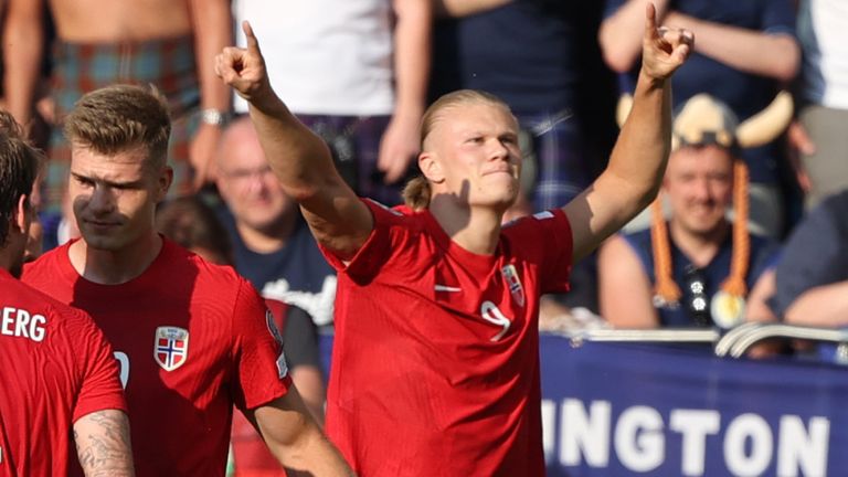 Norway's Erling Haaland celebrates after making it 1-0 during a UEFA Euro 2024 Qualifier match between Norway and Scotland