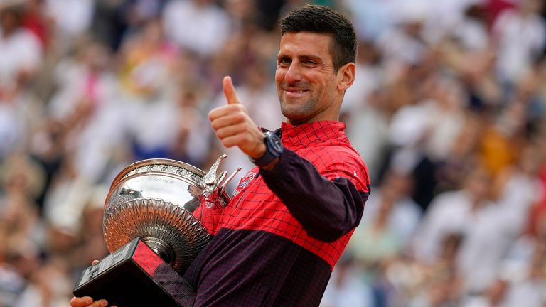 Serbia&#39;s Novak Djokovic celebrates winning the men&#39;s singles final match of the French Open tennis tournament against Norway&#39;s Casper Ruud in three sets, 7-6, (7-1), 6-3, 7-5, at the Roland Garros stadium in Paris, Sunday, June 11, 2023. Djokovic won his record 23rd Grand Slam singles title, breaking a tie with Rafael Nadal for the most by a man. (AP Photo/Thibault Camus)