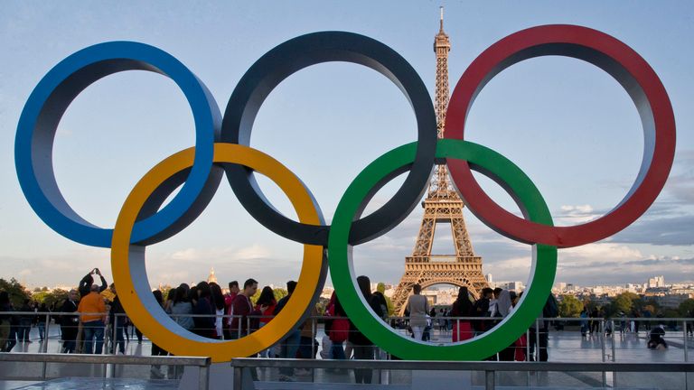 The Olympic rings are set up in Paris, France, at Trocadero plaza that overlooks the Eiffel Tower (AP Photo/Michel Euler)