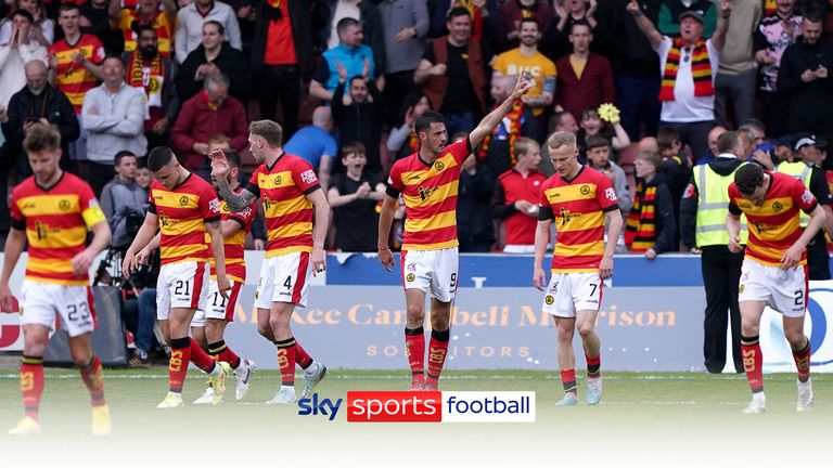 Partick Thistle players celebrate a goal in their 2-0 Scottish Premiership play-off against Ross County