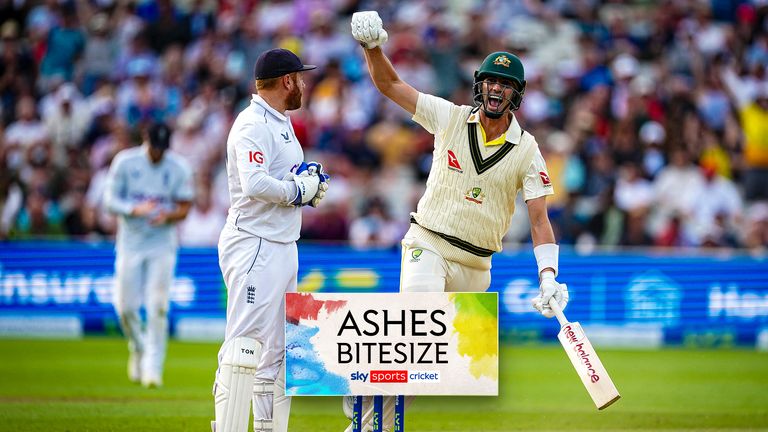 Australia&#39;s Pat Cummins celebrates hitting the winning runs on day five of the first Ashes test match at Edgbaston, Birmingham