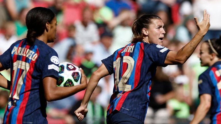 Barcelona's Patricia Guijarro celebrates after pulling a goal back early in the second half