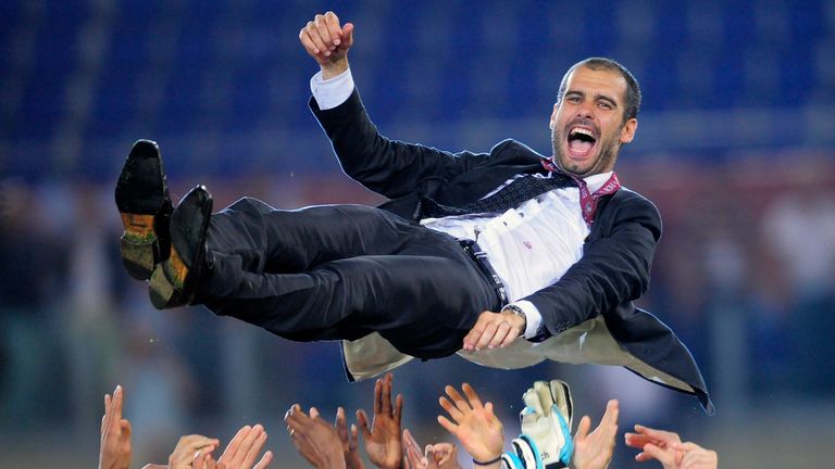 Pep Guardiola became one of two managers to lead his side to a treble in his first season as a first-team coach in 2009