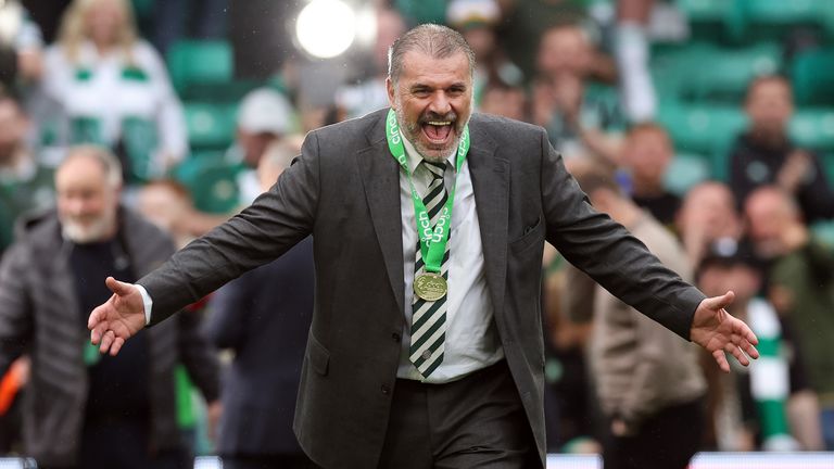 Ange Postecoglou celebrates Celtic's title triumph