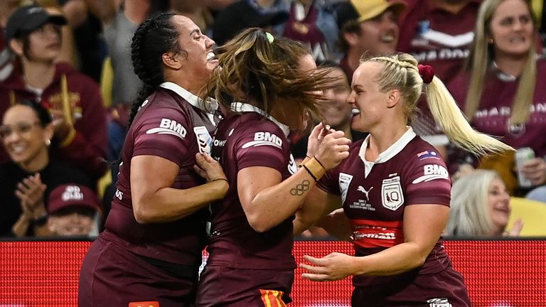 TOWNSVILLE, AUSTRALIA - JUNE 22: Emily Bass of the Maroons celebrates after scoring a try during game two of the women's state of origin series between New South Wales Skyblues and Queensland Maroons at Queensland Country Bank Stadium on June 22, 2023 in Townsville, Australia. (Photo by Ian Hitchcock/Getty Images)