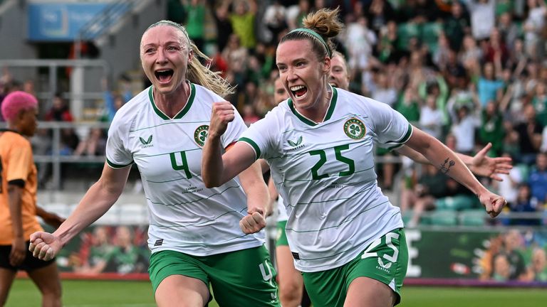 TALLAGHT, IRELAND - JUNE 22: Claire O...Riordan of Republic of Ireland celebrates after scoring her sides second goal during the women...s international football friendly game between Republic of Ireland and Zambia at Tallaght Stadium on June 22, 2023 in Tallaght, Ireland. (Photo by Charles McQuillan/Getty Images)