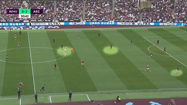 Rice is stationed inside the centre circle when he starts sprinting towards Partey