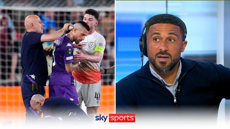 West Ham's Rice calms down Fiorentina's Cristiano Biraghi 
