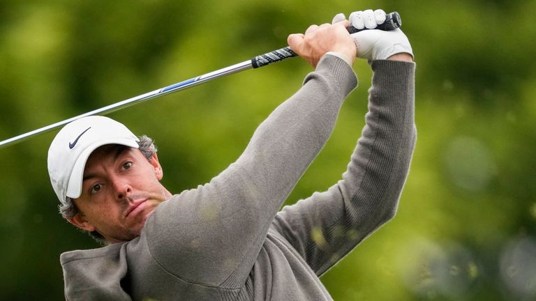 Rory McIlroy tees off on the 10th hole during the first round of the Canadian Open in Toronto on Thursday, June 8, 2023.(Andrew Lahodynskyj/The Canadian Press via AP)