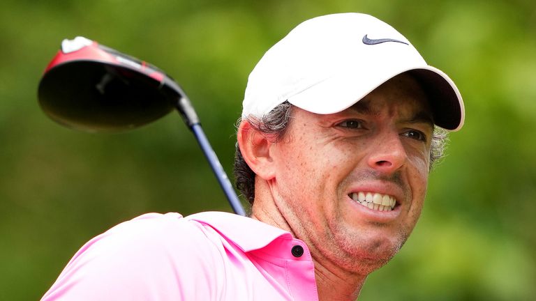 Rory McIlroy, of Northern Ireland, reacts to his tee off on the third hole during the final round of the Canadian Open golf tournament in Toronto, Sunday, June 11, 2023. (Nathan Denette/The Canadian Press via AP)