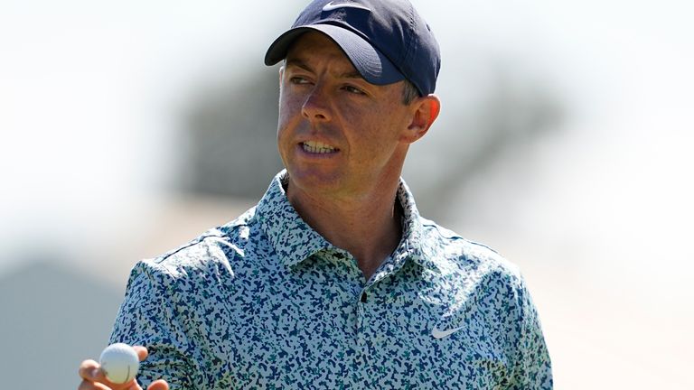 Rory McIlroy reacts after a putt on the first hole during the third round of the U.S. Open golf tournament at Los Angeles Country Club on Saturday, June 17, 2023, in Los Angeles. (AP Photo/George Walker IV)