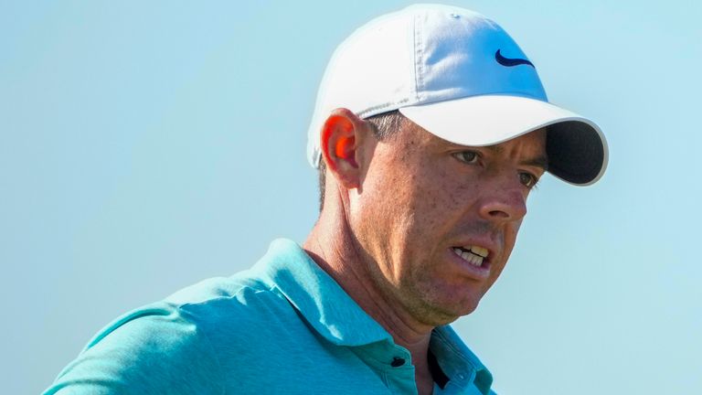 Rory McIlroy reacts after missing a putt on the 14th hole during the final round of the U.S. Open golf tournament at Los Angeles Country Club on Sunday, June 18, 2023, in Los Angeles. (AP Photo/Lindsey Wasson)