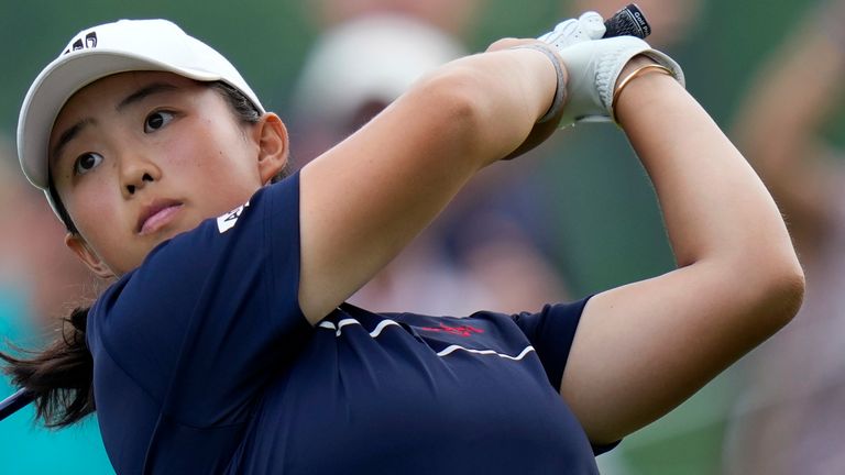 Ruoning Yin, of China, tees off on the 18th hole during the final round of the Women's PGA Championship golf tournament, Sunday, June 25, 2023, in Springfield, N.J. (AP Photo/Seth Wenig)