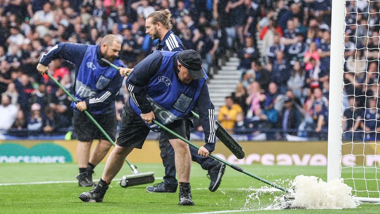 Ground staff were given two 20 minute periods to clear water off the pitch before inspections