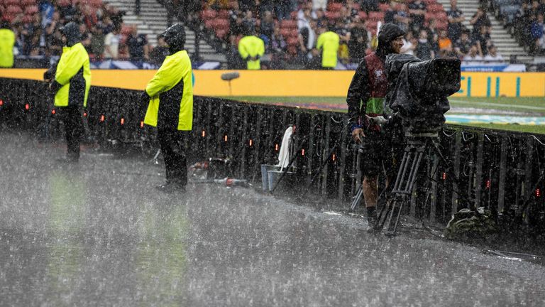 GLASGOW, SCOTLAND - JUNE 20: The rain comes down during a UEFA Euro 2024 qualifier between Scotland and Georgia at Hampden Park, on June 20, 2023, in Glasgow, Scotland. (Photo by Alan Harvey / SNS Group)