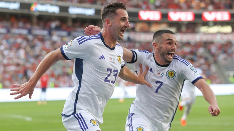 OSLO, NORWAY - JUNE 17: Scotland's Kenny McLean celebrates after making it 2-1 during a UEFA Euro 2024 Qualifier match between Norway and Scotland at the Ullevaall Stadion, on June 17, 2023, in Oslo, Norway.  (Photo by Craig Williamson / SNS Group)
