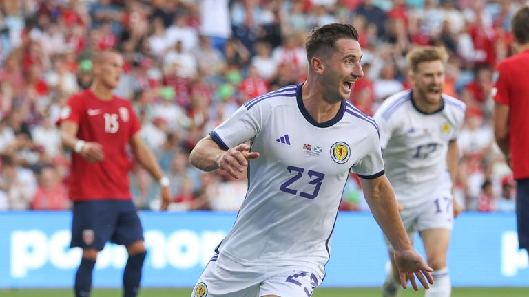 OSLO, NORWAY - JUNE 17: Scotland&#39;s Kenny McLean celebrates after making it 2-1 during a UEFA Euro 2024 Qualifier match between Norway and Scotland at the Ullevaall Stadion, on June 17, 2023, in Oslo, Norway.  (Photo by Craig Williamson / SNS Group)