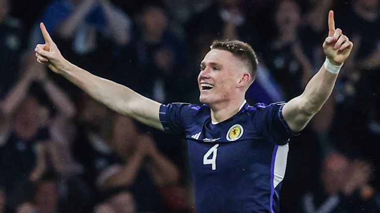 GLASGOW, SCOTLAND - JUNE 20: Scotland's Scott McTominay celebrates after making it 2-0 during a UEFA Euro 2024 qualifier between Scotland and Georgia at Hampden Park, on June 20, 2023, in Glasgow, Scotland. (Photo by Craig Williamson / SNS Group)