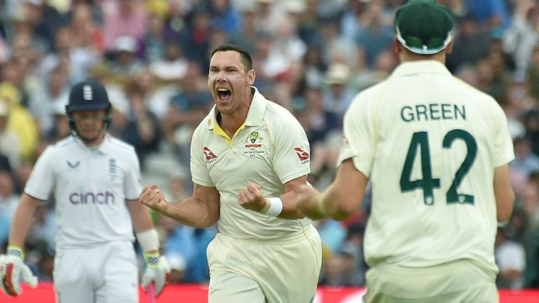 Australia's Scott Boland celebrates after taking the wicket of England's Zak Crawley caught behind during day three of the first Ashes Test cricket match between England and Australia at Edgbaston, Birmingham, England, Sunday, June 18, 2023. (AP Photo/Rui Vieira)