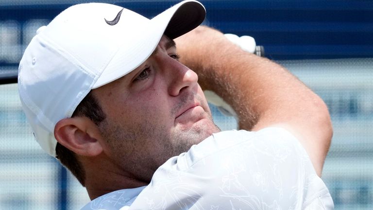 Scottie Scheffler hits from the 17th tee during a practice round of the U.S. Open golf tournament at Los Angeles Country Club, Monday, June 12, 2023, in Los Angeles. (AP Photo/Marcio Jose Sanchez)