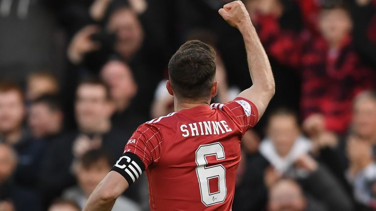 ABERDEEN, SCOTLAND - MAY 24: Aberdeen's Graeme Shinnie celebrates his goal to make it 3-0 during a cinch Premiership match between Aberdeen and St Mirren at Pittodrie, on May 24, 2023, in Aberdeen, Scotland.  (Photo by Craig Foy / SNS Group)