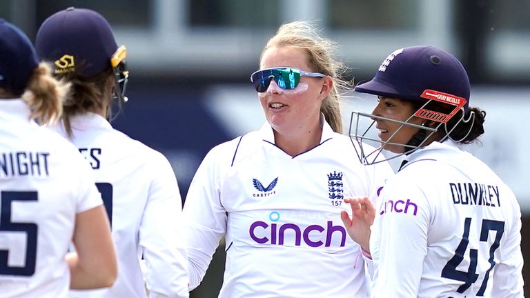 England&#39;s Sophie Ecclestone (centre right) celebrates the wicket of Australia&#39;s Tahlia Wilson (not pictured) with team-mates during day one of the Women&#39;s International Test match at The Incora County Ground, Derby. Picture date: Thursday June 15, 2023.