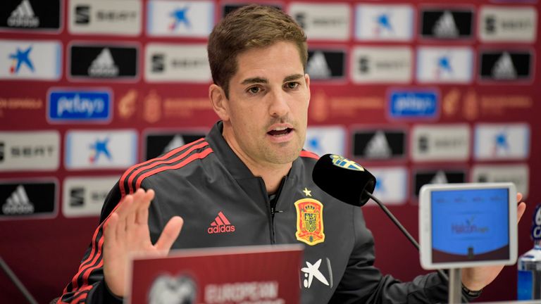 Spain&#39;s head coach Robert Moreno gestures during news conference at Friens Arena in Solna, Stockholm, Sweden, on Oct. 14, 2019, on the eve of the Euro 2020 Group F qualification soccer match between Sweden and Spain..Photo: Jessica Gow / TT / code 10070..