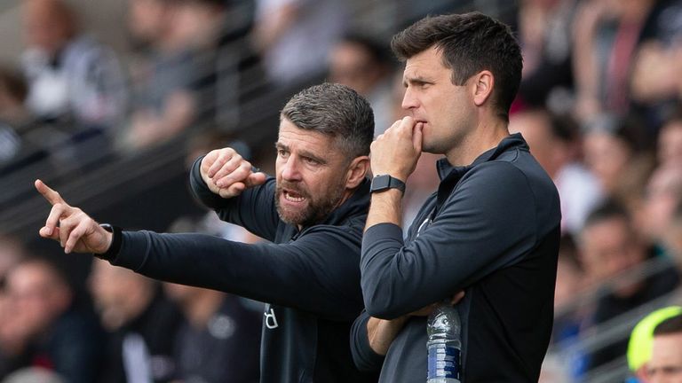 PAISLEY, SCOTLAND - MAY  27: St Mirren manager Stephen Robinson speaks with assistant Diarmuid O'Carroll (R) during a cinch Premiership match between St Mirren and Rangers at the SMiSA Stadium, on May 27, 2023, in Paisley, Scotland.  (Photo by Ewan Bootman / SNS Group)