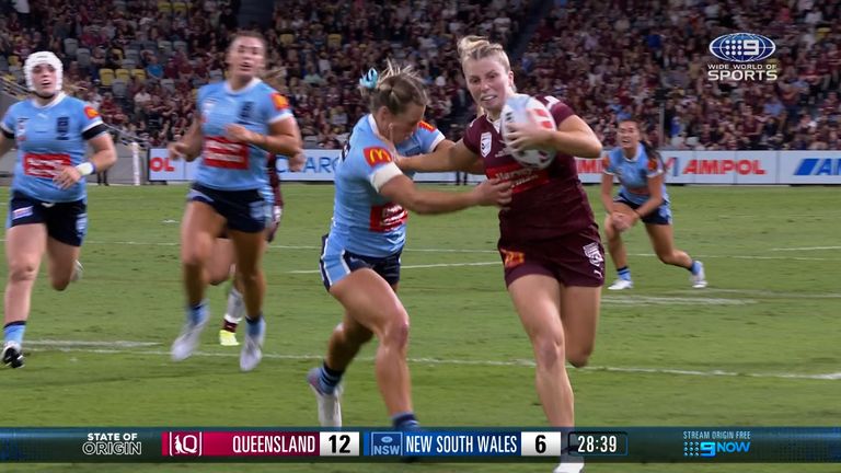 Tarryn Aiken scored a superb solo try to give Queensland the lead against New South Wales in Women's State of Origin.
