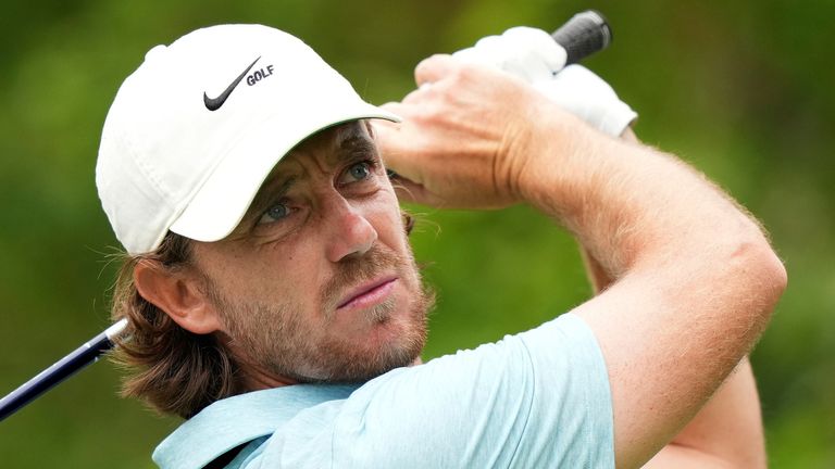 Tommy Fleetwood, of the United Kingdom, tees off on the third hole during the final round of the Canadian Open golf tournament in Toronto, Sunday, June 11, 2023. (Nathan Denette/The Canadian Press via AP)