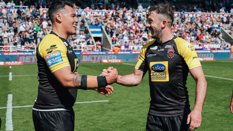 Picture by Alex Whitehead/SWpix.com - 03/06/2023 - Rugby League - Betfred Super League: Magic Weekend - Salford Red Devils v Hull KR - St James' Park, Newcastle, England - Salford’s Ryan Brierley and Tyler Dupree celebrate the win.