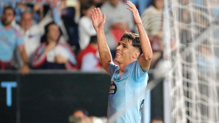 Celta Vigo's Gabri Veiga celebrates after scoring during the Spanish La Liga soccer match between Celta Vigo and Barcelona at the Balaidos stadium in Vigo, Spain, Sunday, June 4, 2023. (AP Photo/Lalo R. Villar)