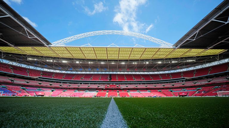 View of the Wembley Stadium lawn ahead of the English FA Cup Final football match between Manchester City and Manchester United at Wembley Stadium in London on Saturday June 3, 2023.