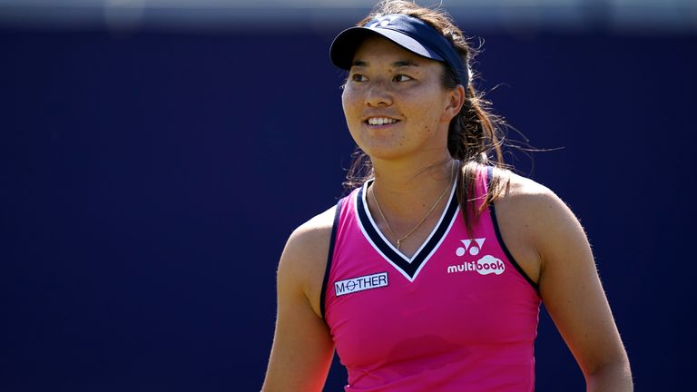 Yuriko Miyazaki celebrates after winning their match against Jodie Burrage (not pictured) on day three of the 2023 Lexus Surbiton Trophy at Surbiton Racket and Fitness Club, London. Picture date: Wednesday June 7, 2023.
