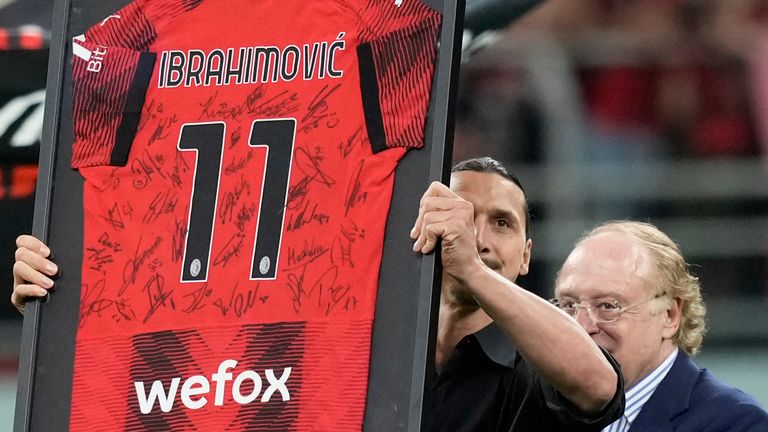 Ibrahimovic was presented with an AC Milan shirt signed by his teammates at the end of the game